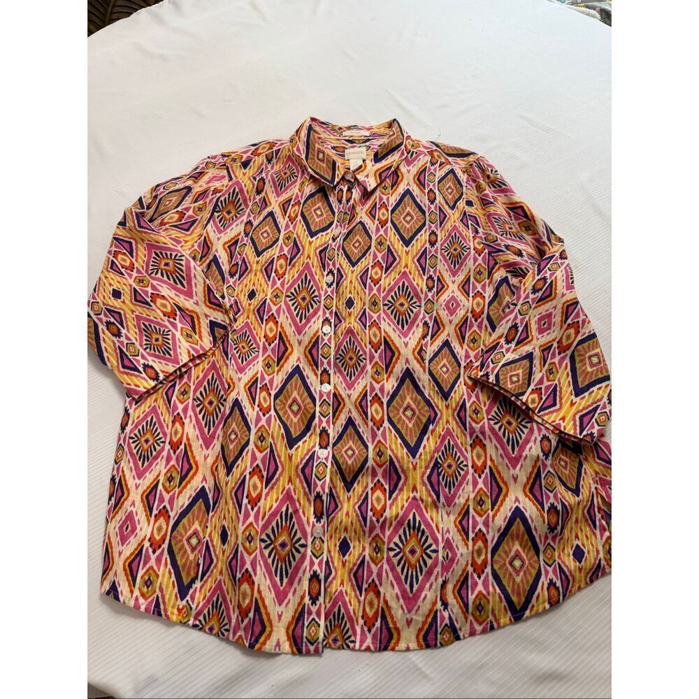 Chico’s No-Iron Multicolor Linen 3/4 Sleeve Button Up Shirt Size 3 US L XL